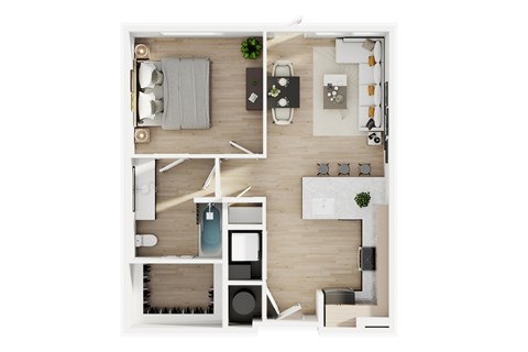 A top-down view of a modern apartment layout.